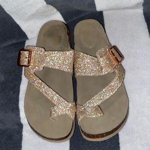 MADDEN NYC rose gold glitter strap sandals cork sole sz 7.5 women